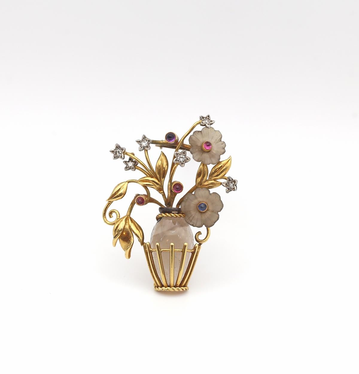 Cabochon Topaz Diamonds Rubies Sapphires Flowers Basket Brooch Boxed, 1950 For Sale