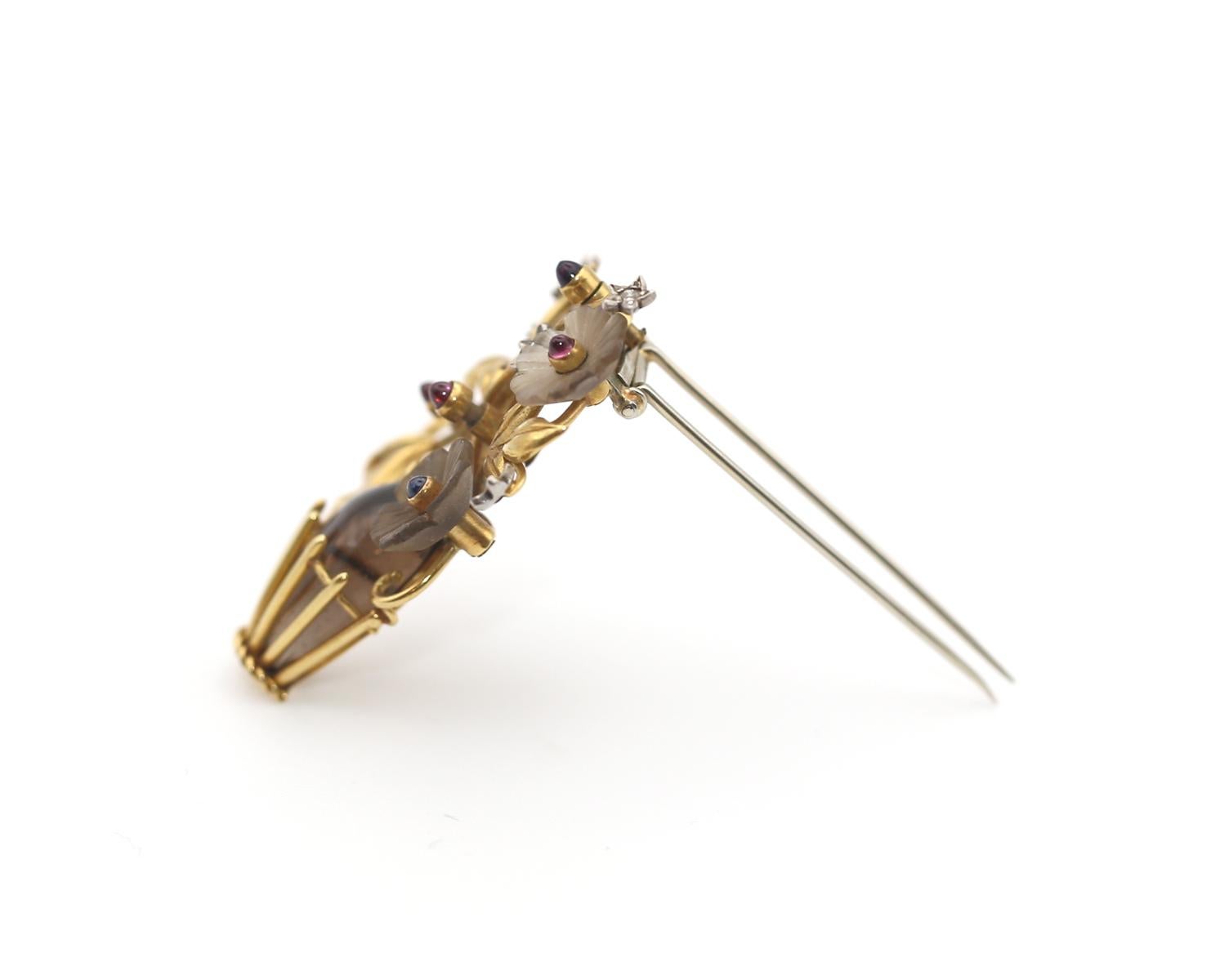 Women's or Men's Topaz Diamonds Rubies Sapphires Flowers Basket Brooch Boxed, 1950 For Sale