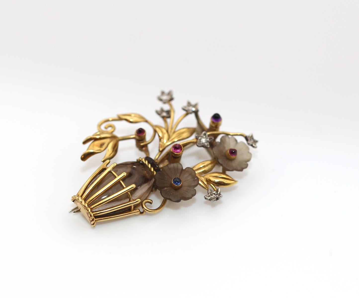 Topaz Diamonds Rubies Sapphires Flowers Basket Brooch Boxed, 1950 For Sale 2