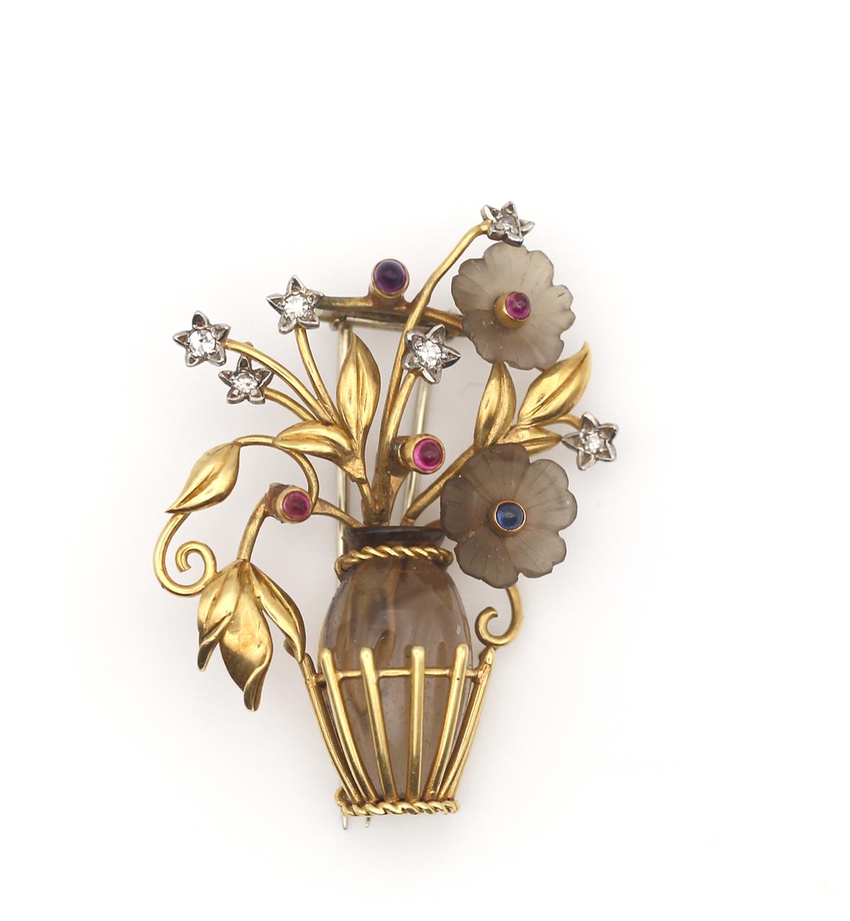 Topaz Diamonds Rubies Sapphires Flowers Basket Brooch Boxed, 1950 For Sale 3