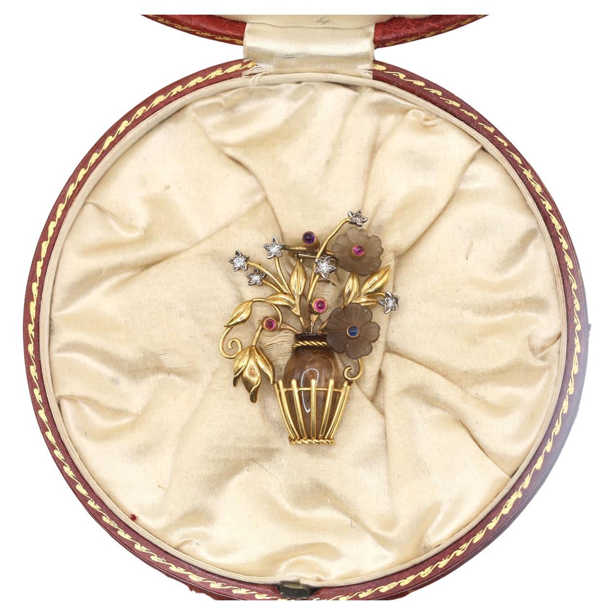 Topaz Diamonds Rubies Sapphires Flowers Basket Brooch Boxed, 1950 For Sale