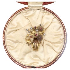 Topaz Diamonds Rubies Sapphires Flowers Basket Brooch Boxed, 1950
