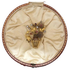 Topaz Diamonds Rubies Sapphires Flowers Basket Brooch Boxed, 1950