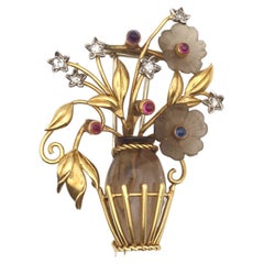 Topaz Diamonds Rubies Sapphires Flowers Basket Brooch Boxed, 1950