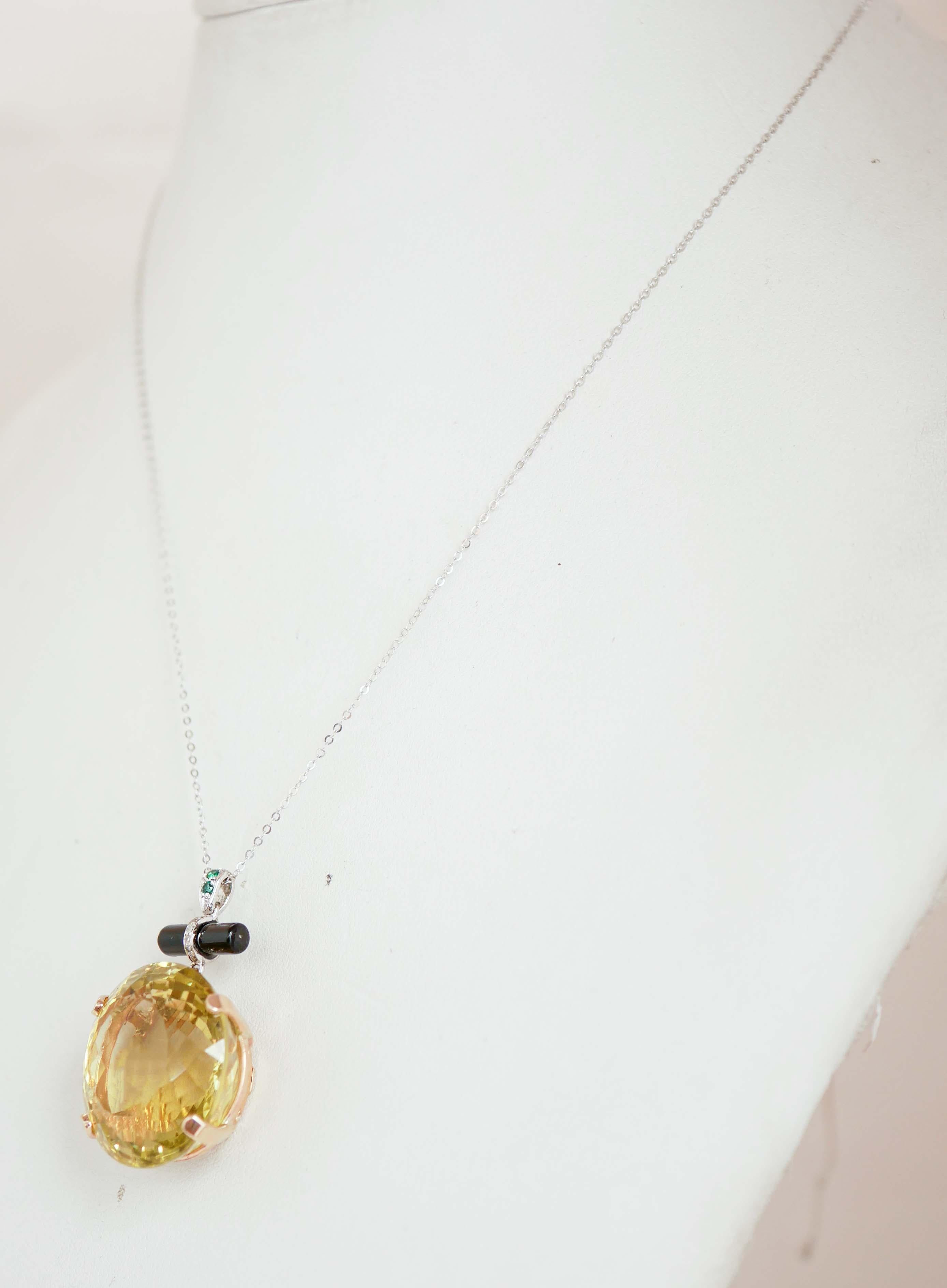 Retro Topaz, Diamonds, Tsavorite, Onyx, 14 Karat White and Rose Gold Pendant Necklace. For Sale