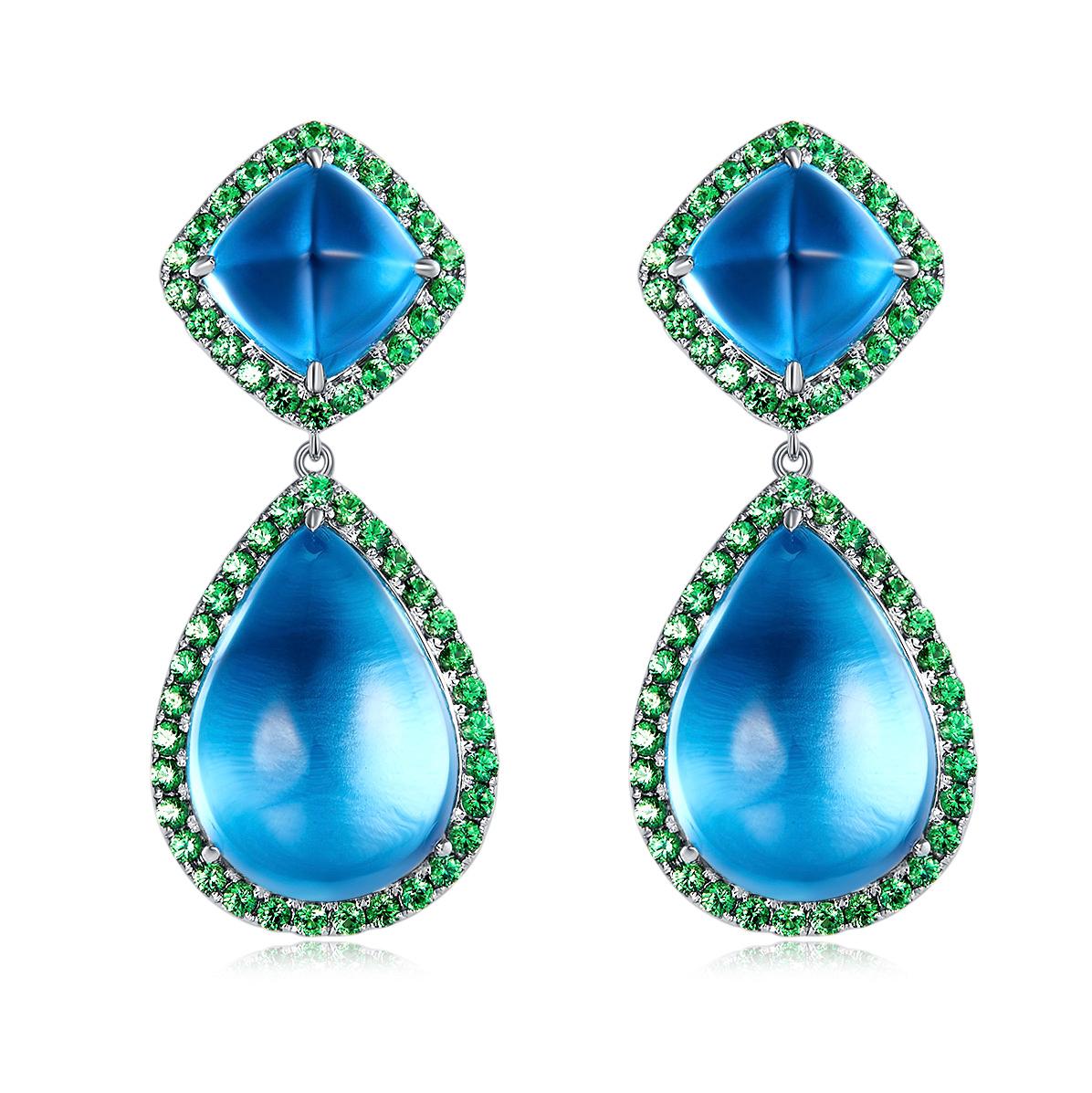 Contemporary Eostre Topaz and Tsavorite Earring in 18K White Gold For Sale