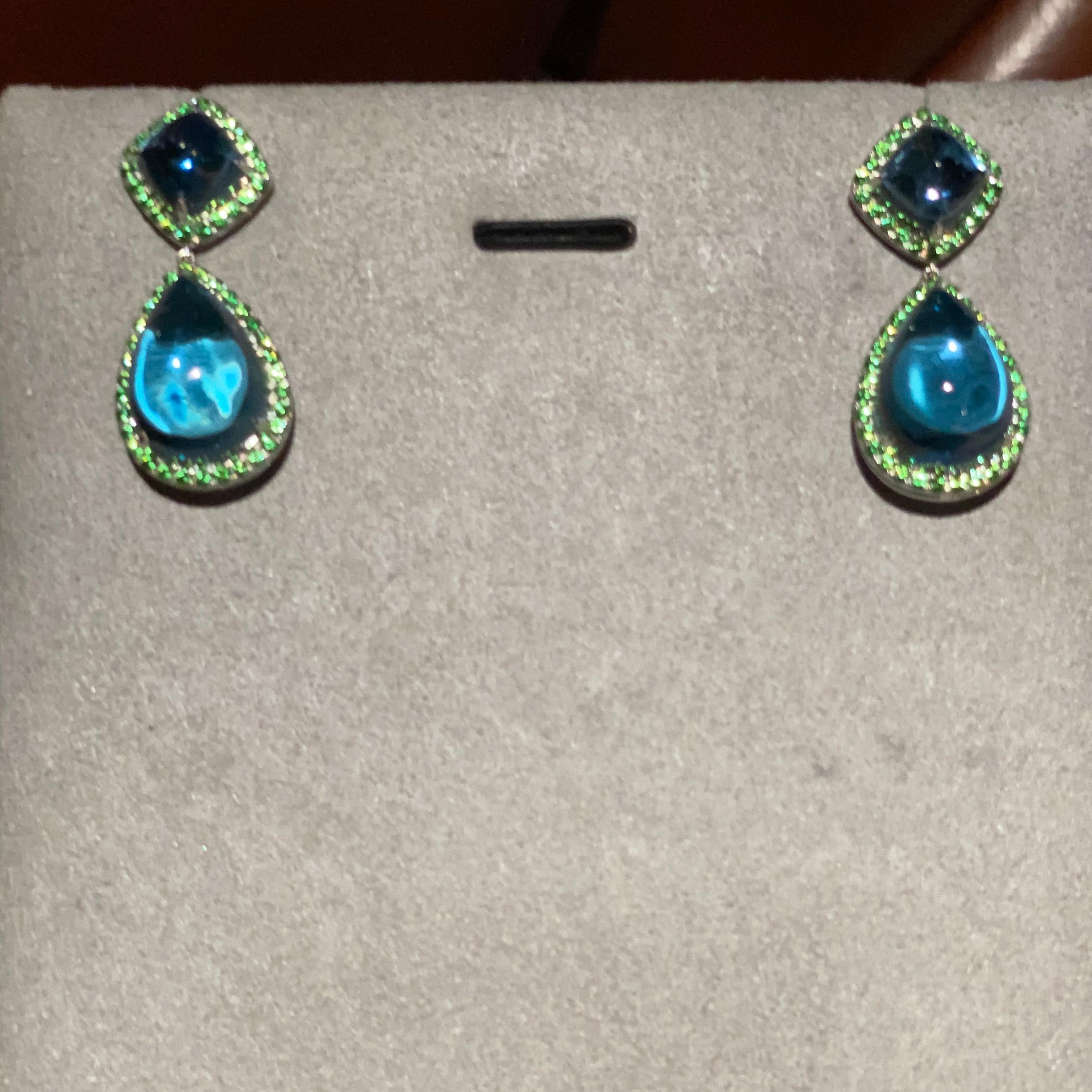 Cabochon Eostre Topaz and Tsavorite Earring in 18K White Gold For Sale