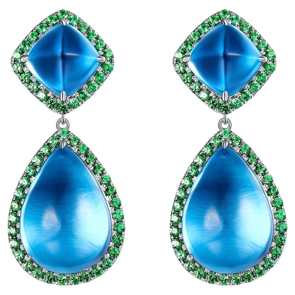 Boucles d'oreilles en or blanc 18 carats avec topaze émeraude et tsavorite