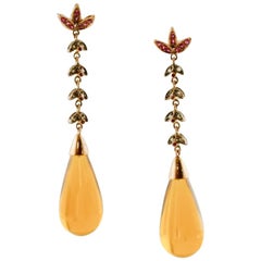 Topaz Drops, Diamonds, Rubies, 9 Karat Gold and Silver Vintage Dangle Earrings