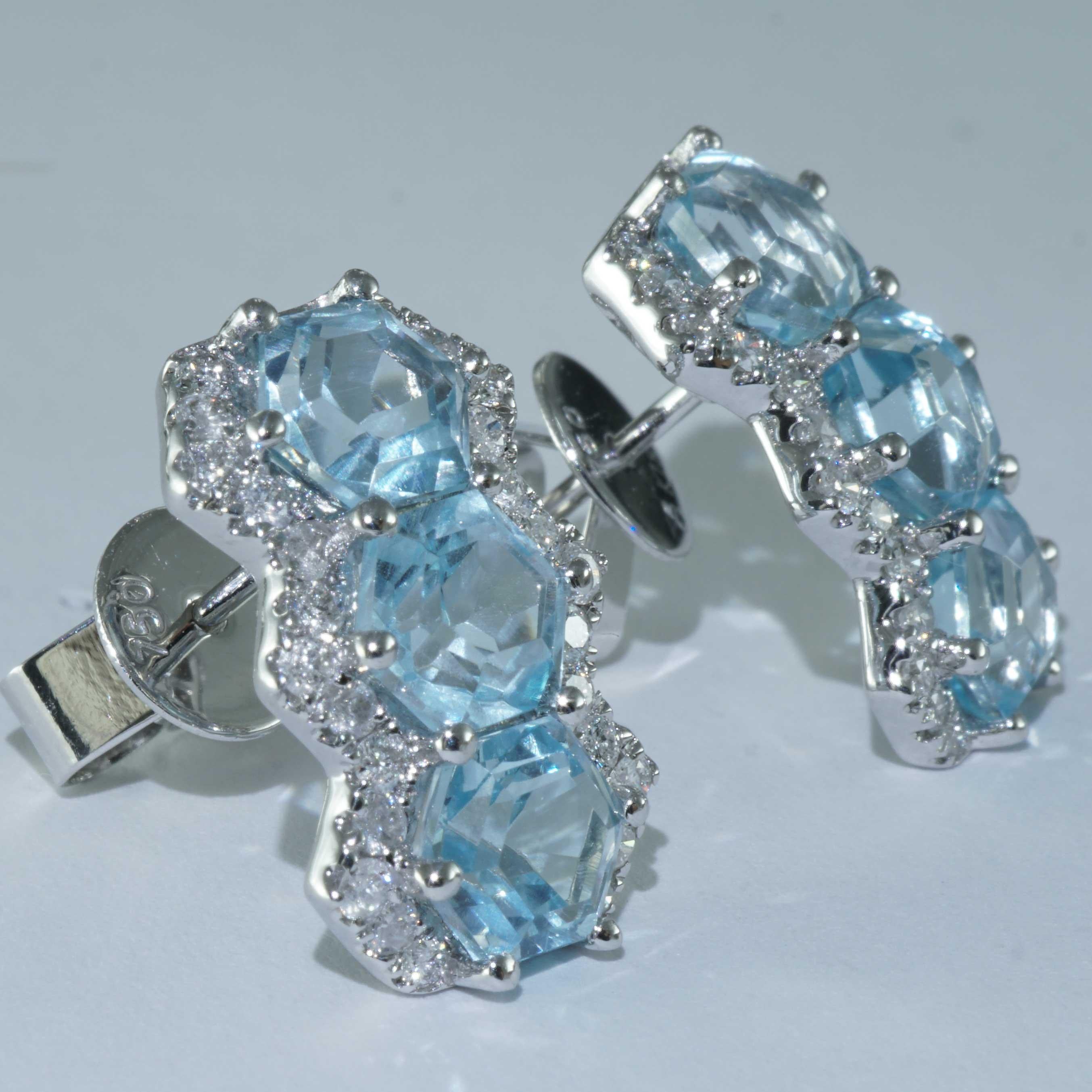 Topaz Earrings Diamonds 3.60 ct 0.50 ct brandnew hexagonal Cut sky-blue Color For Sale 4
