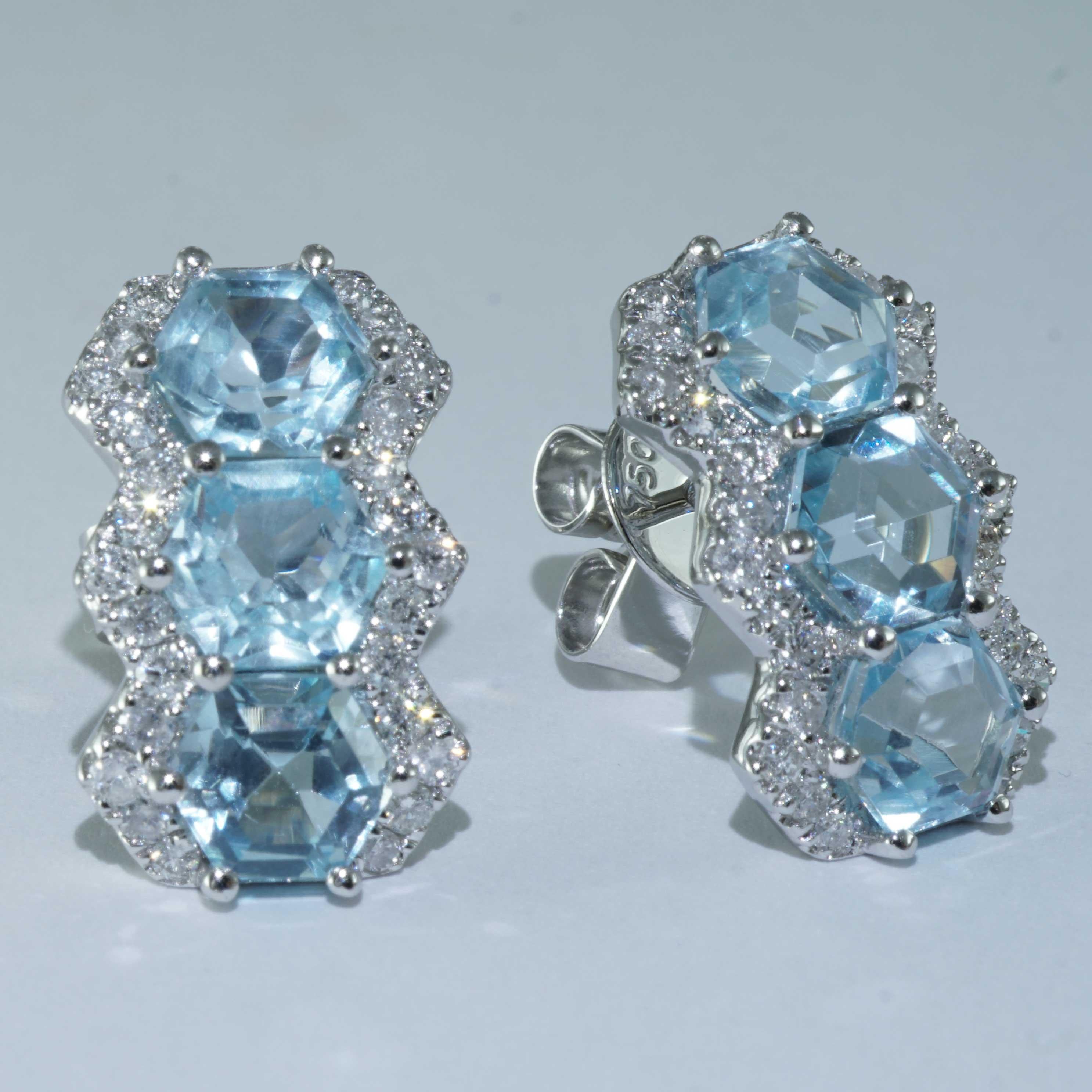 Topaz Earrings Diamonds 3.60 ct 0.50 ct brandnew hexagonal Cut sky-blue Color For Sale 5