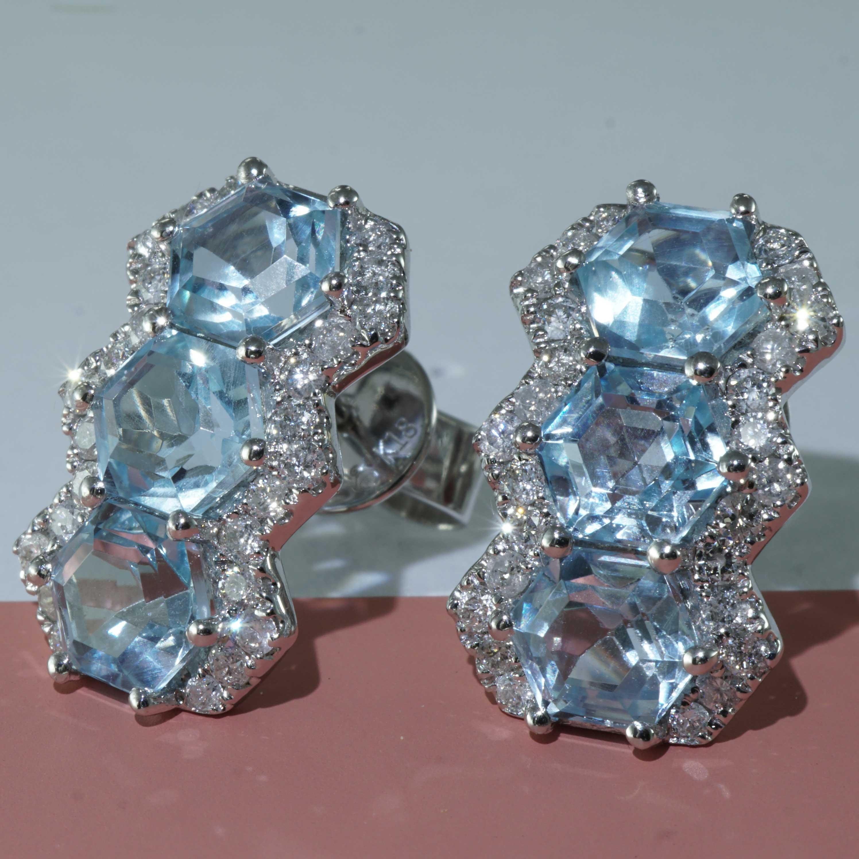 Topaz Earrings Diamonds 3.60 ct 0.50 ct brandnew hexagonal Cut sky-blue Color For Sale 7
