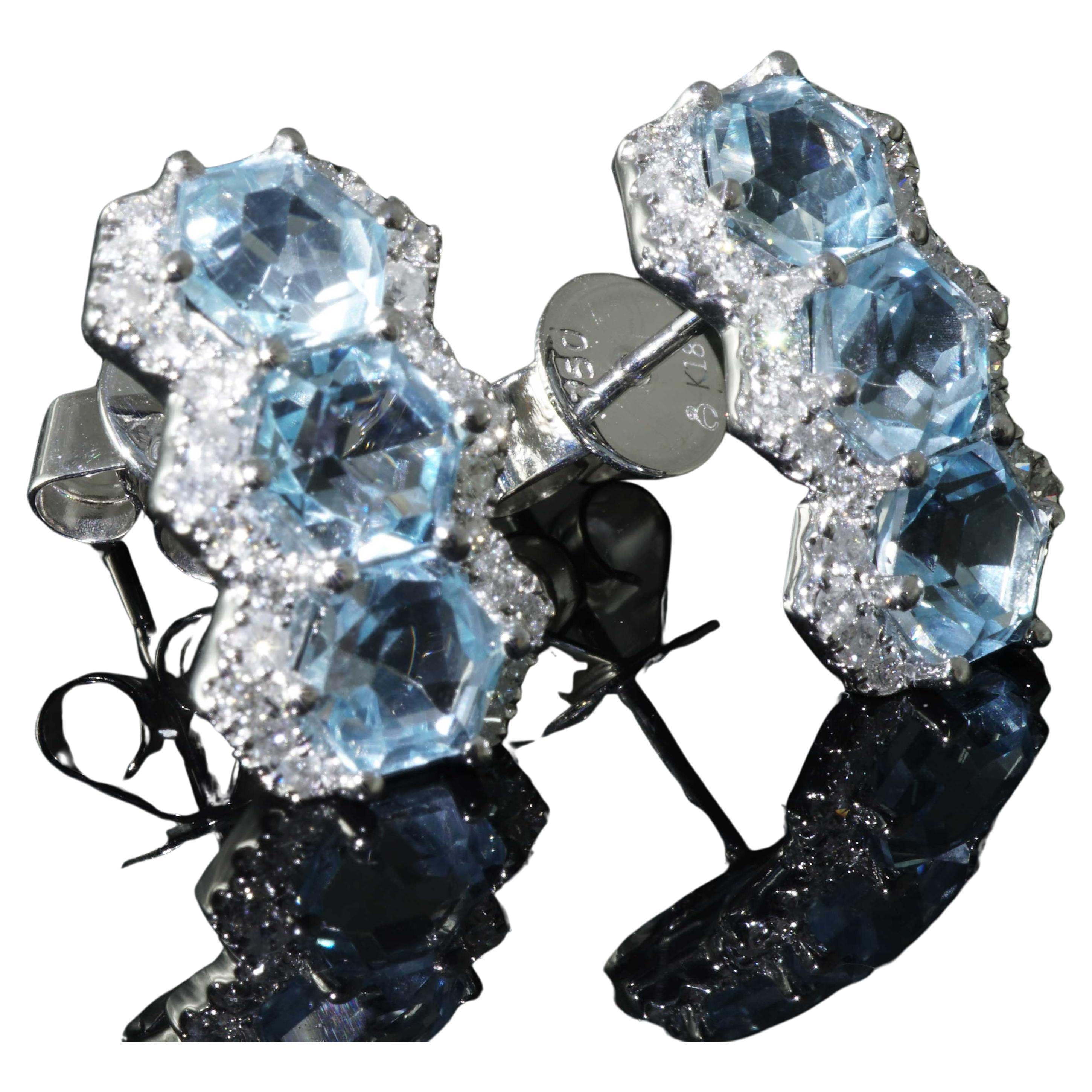 Brilliant Cut Topaz Earrings Diamonds 3.60 ct 0.50 ct brandnew hexagonal Cut sky-blue Color For Sale