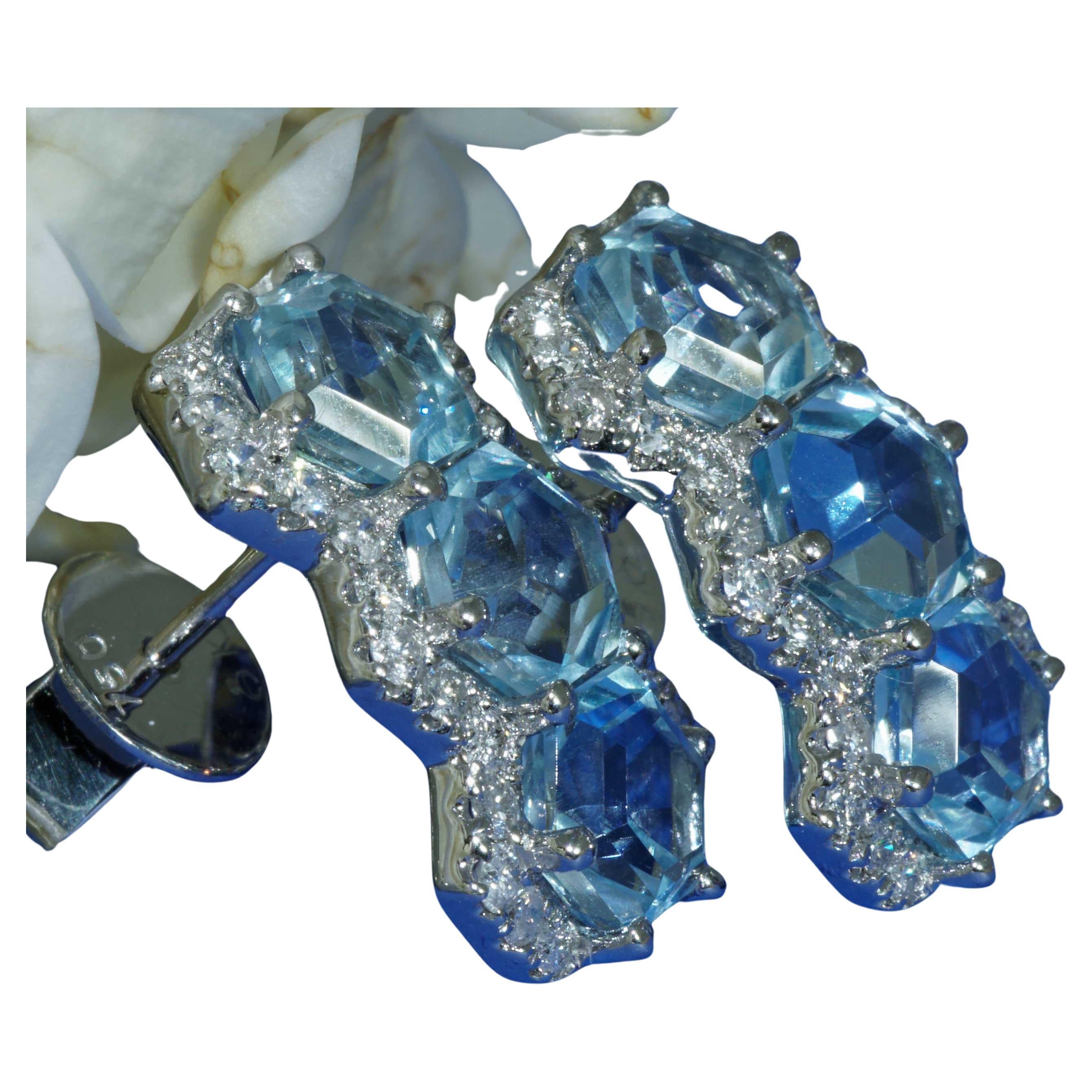 Topaz Earrings Diamonds 3.60 ct 0.50 ct brandnew hexagonal Cut sky-blue Color For Sale