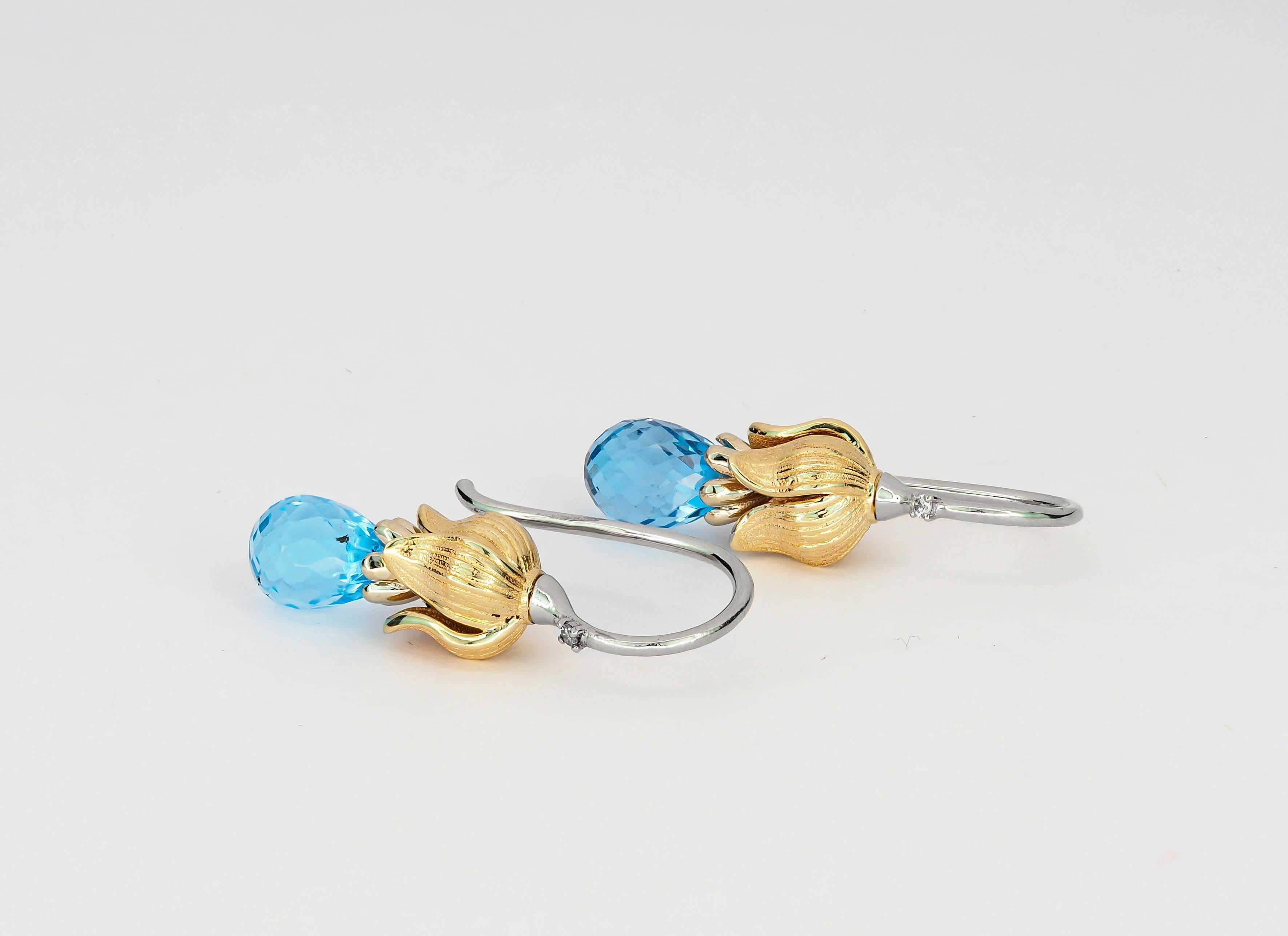 Women's Topaz Earrings in 14k Gold, Briolette Topaz Earrings, Flower Earrings For Sale