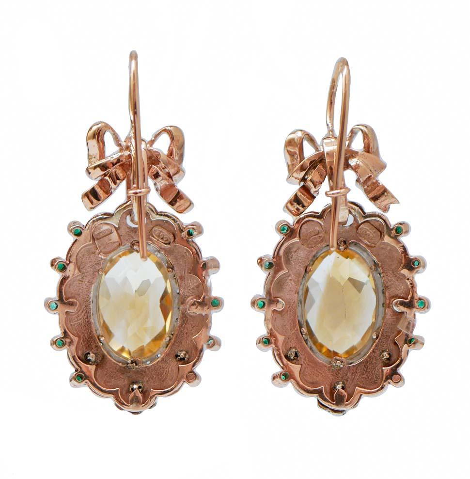 Pendientes Colgantes de Topacio, Esmeraldas, Diamantes, Esmalte, Oro Rosa de 14 Kt y Plata. Retro en venta