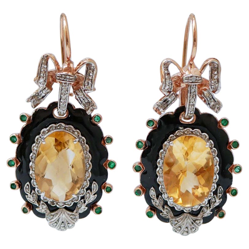 Pendientes Colgantes de Topacio, Esmeraldas, Diamantes, Esmalte, Oro Rosa de 14 Kt y Plata. en venta