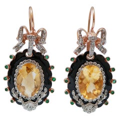 Pendientes Colgantes de Topacio, Esmeraldas, Diamantes, Esmalte, Oro Rosa de 14 Kt y Plata.