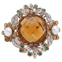 Topaz, Emeralds, Diamonds, Pearls, Rose Gold and Silver Retrò Ring