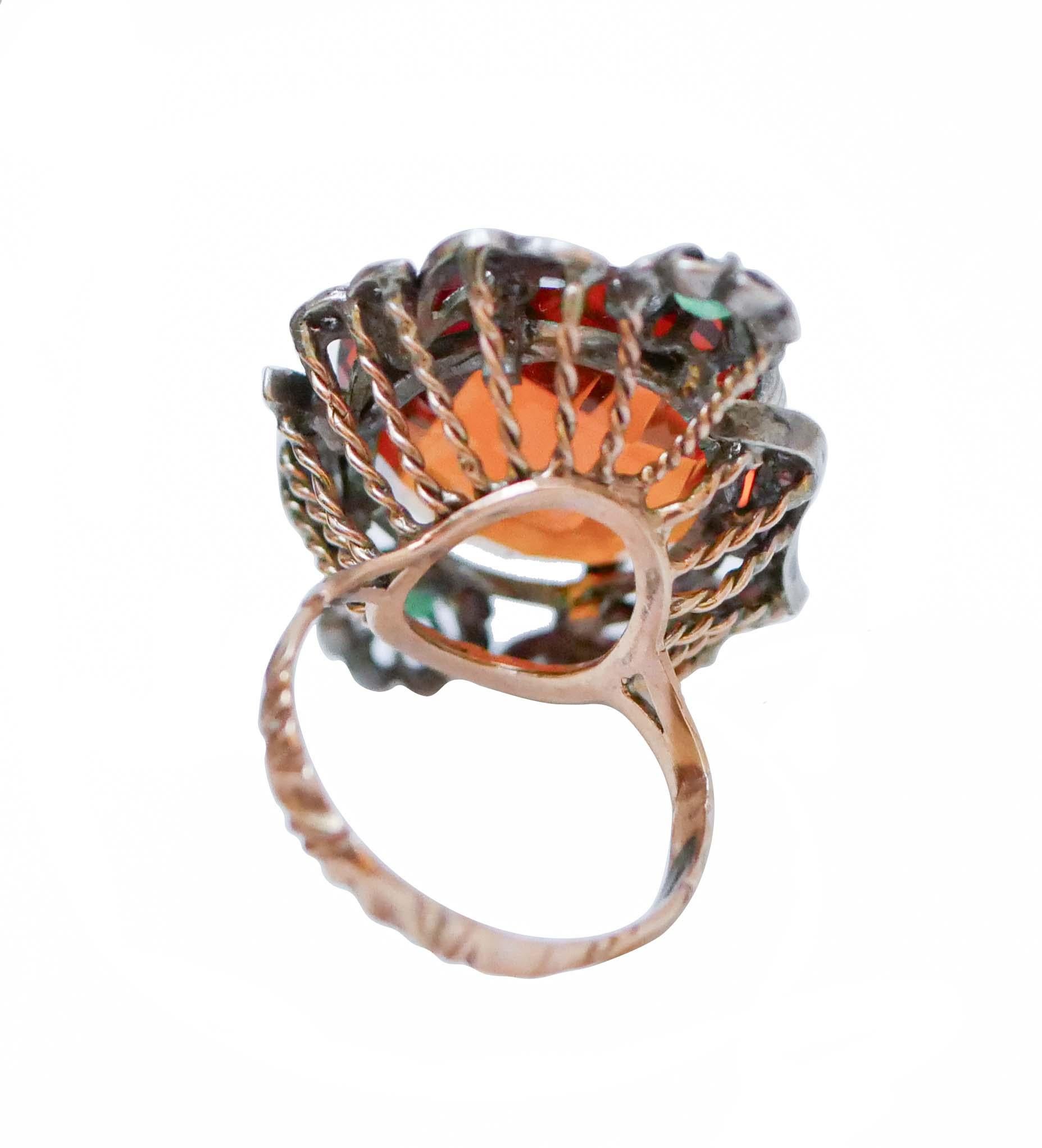 Retro Topaz, Emeralds, Rubies, Diamonds, Rose Gold and Silver Ring. For Sale