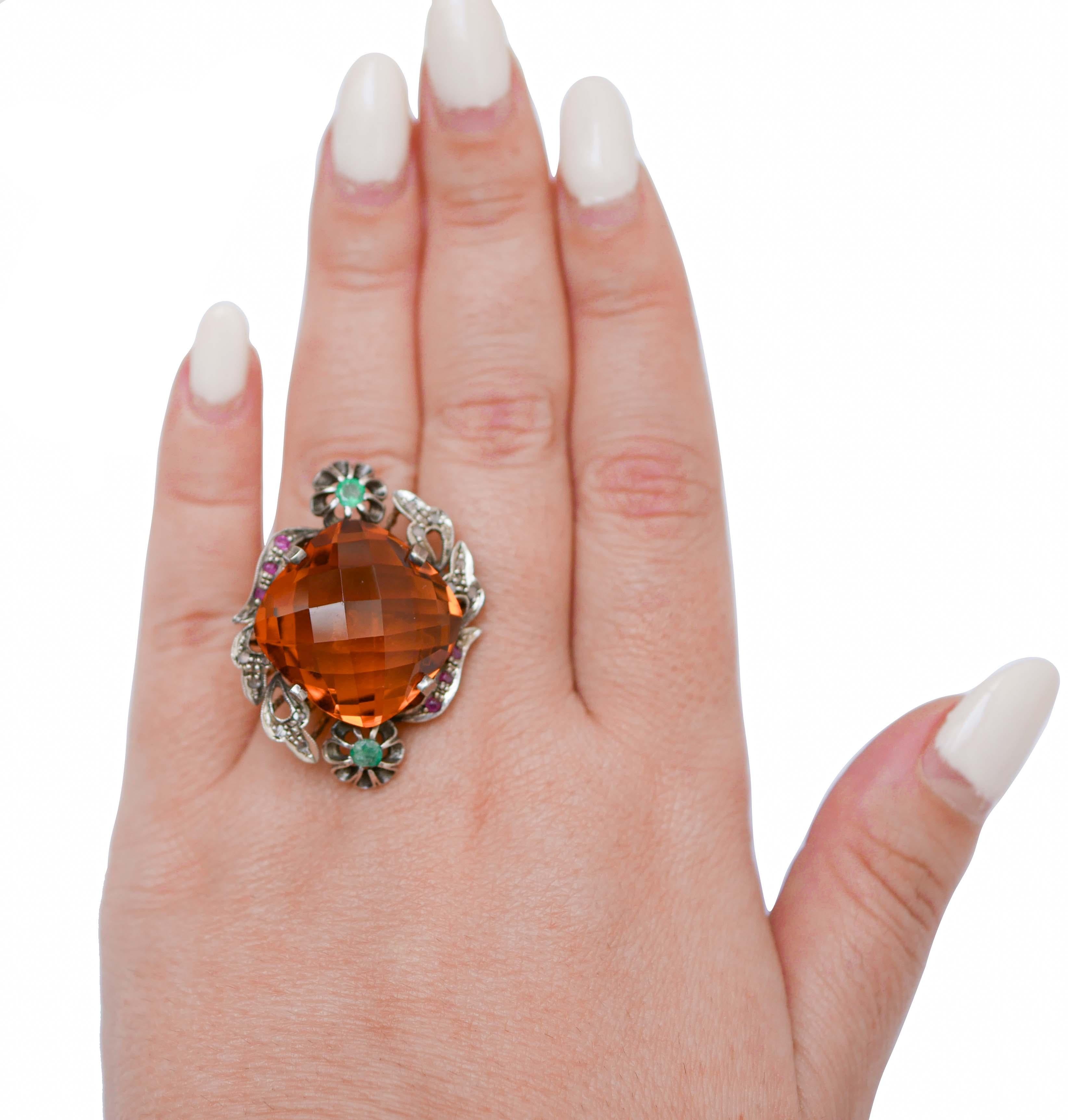 Mixed Cut Topaz, Emeralds, Rubies, Diamonds, Rose Gold and Silver Ring. For Sale