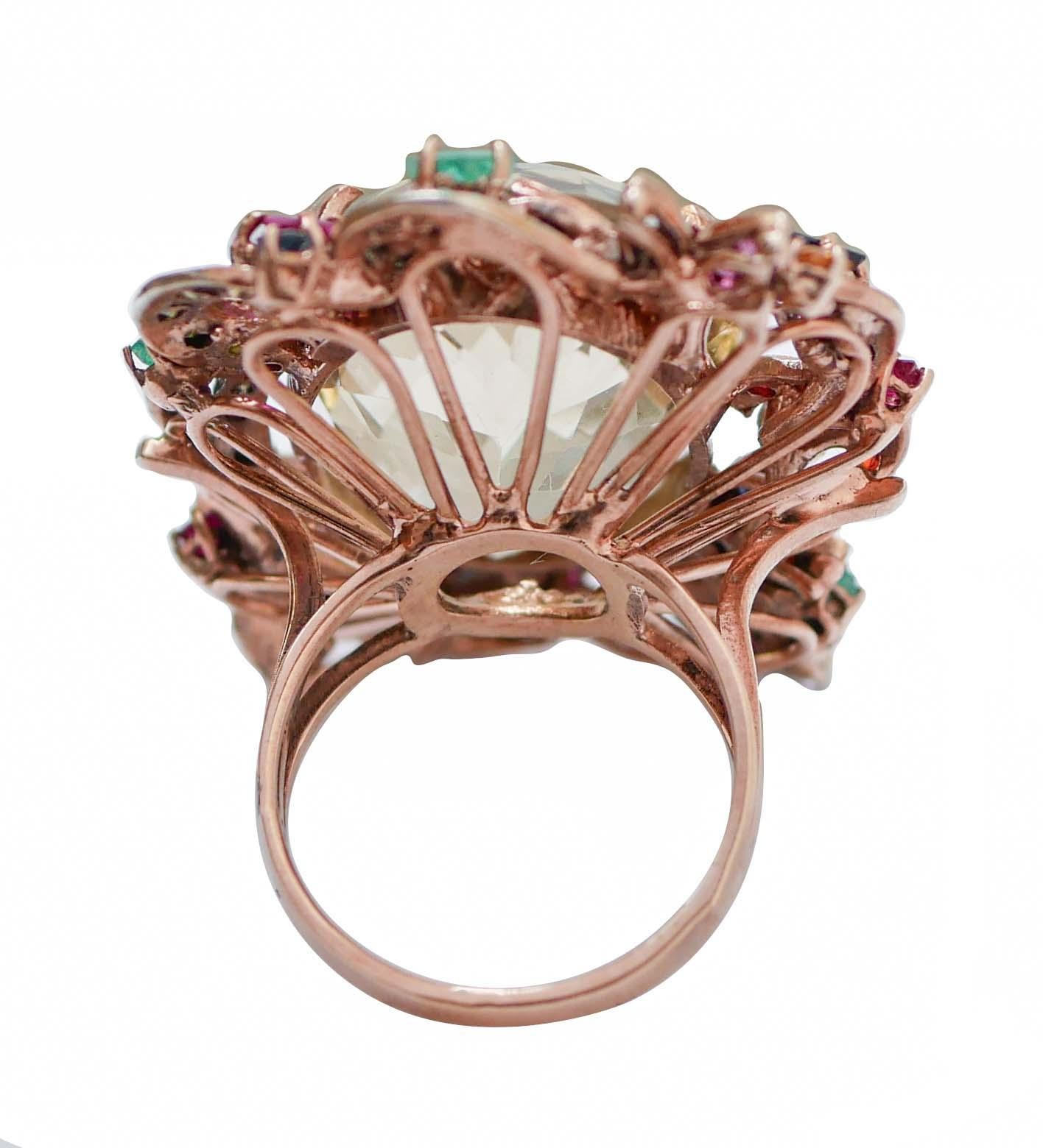 Retro Topaz, Emeralds, Rubies, Sapphires, Diamonds, Rose Gold and Silver Ring. For Sale