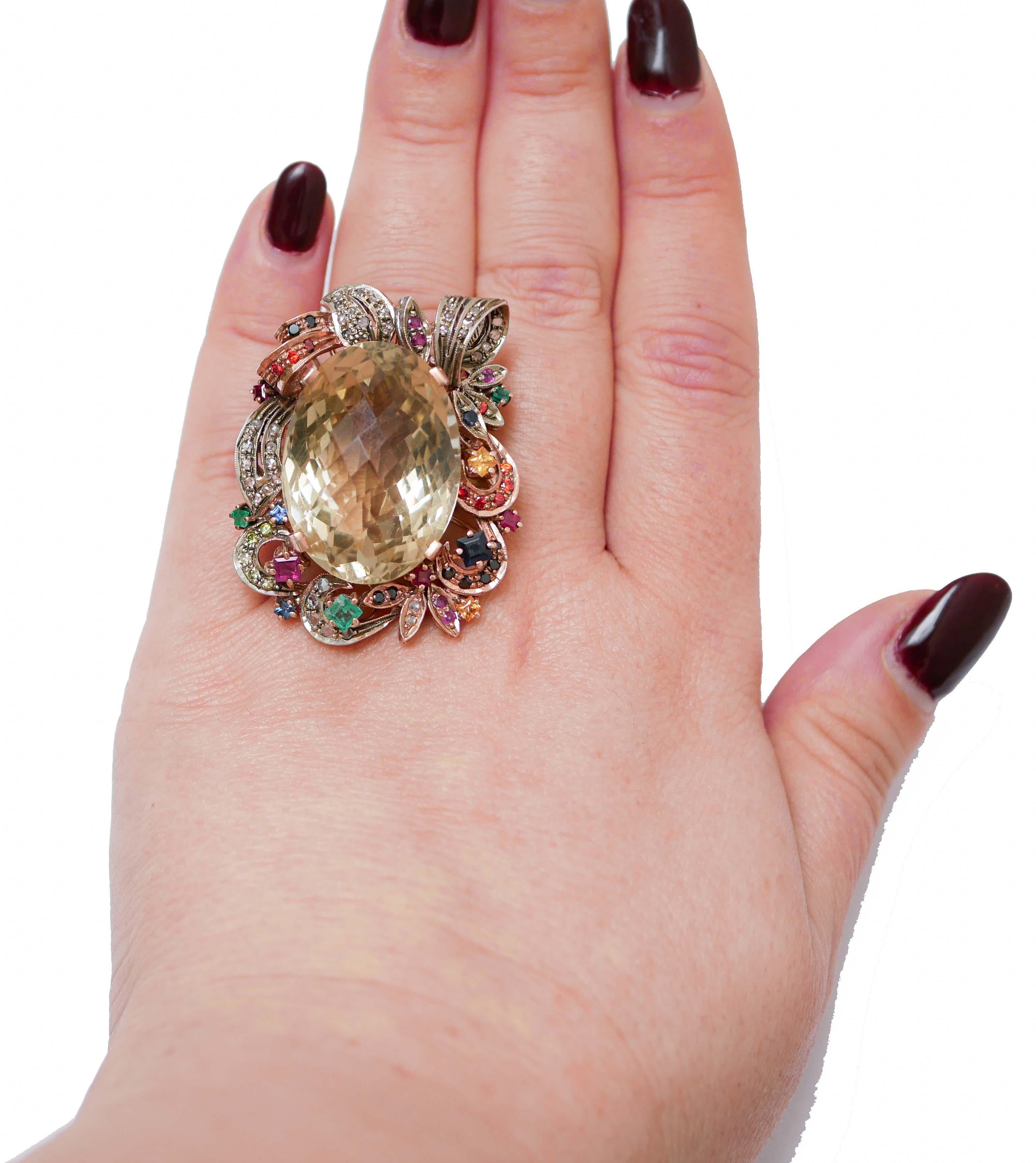 Mixed Cut Topaz, Emeralds, Rubies, Sapphires, Diamonds, Rose Gold and Silver Ring. For Sale