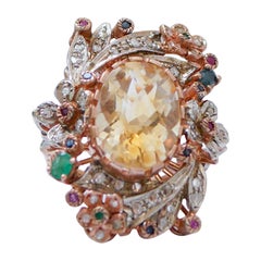 Topaz, Emeralds, Rubies, Sapphires, Diamonds, Rose Gold and Silver Ring.