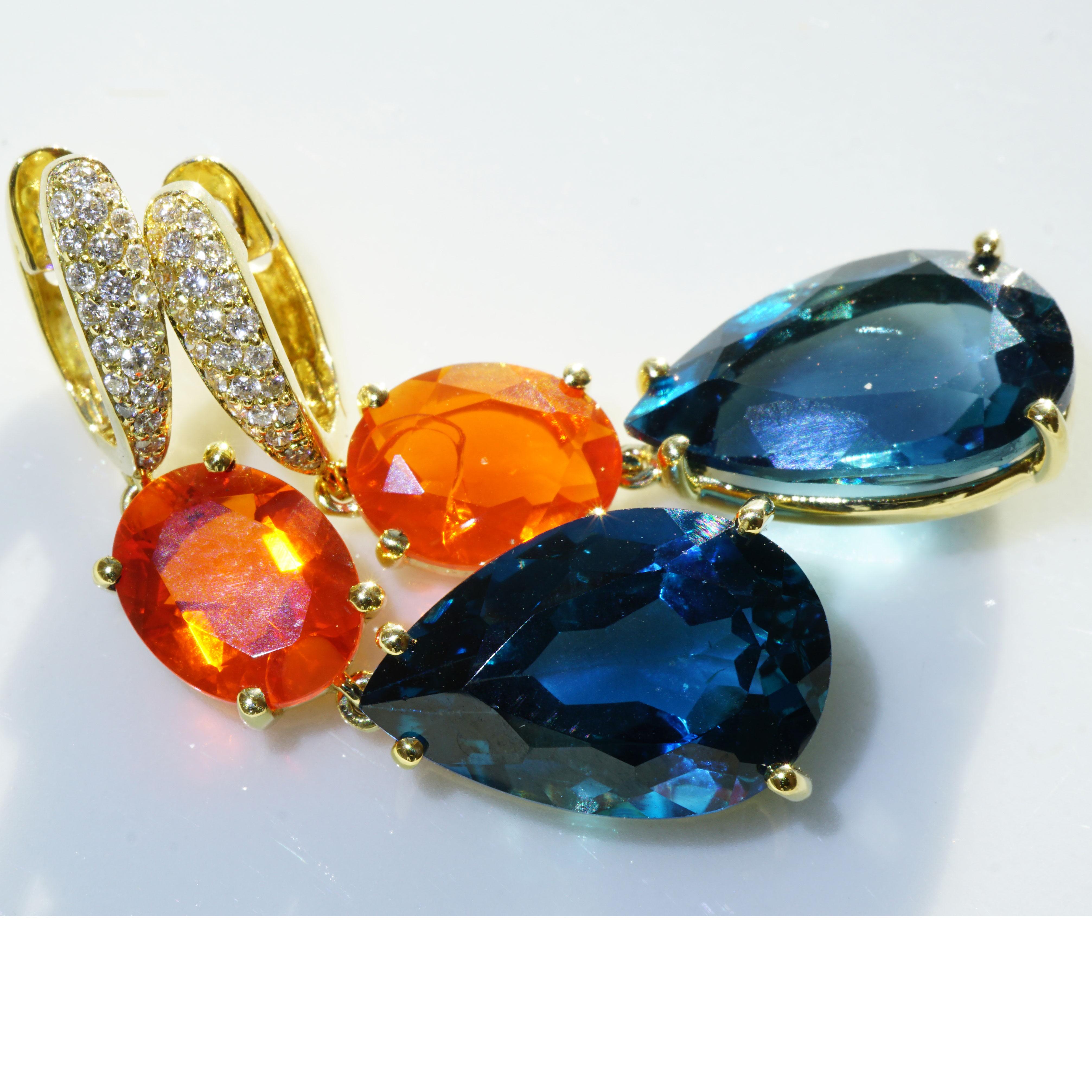 Modern Topaz Fireopal Brilliant Earrings Quality Ear Jewellery Wow Colors 18 kt Italy For Sale