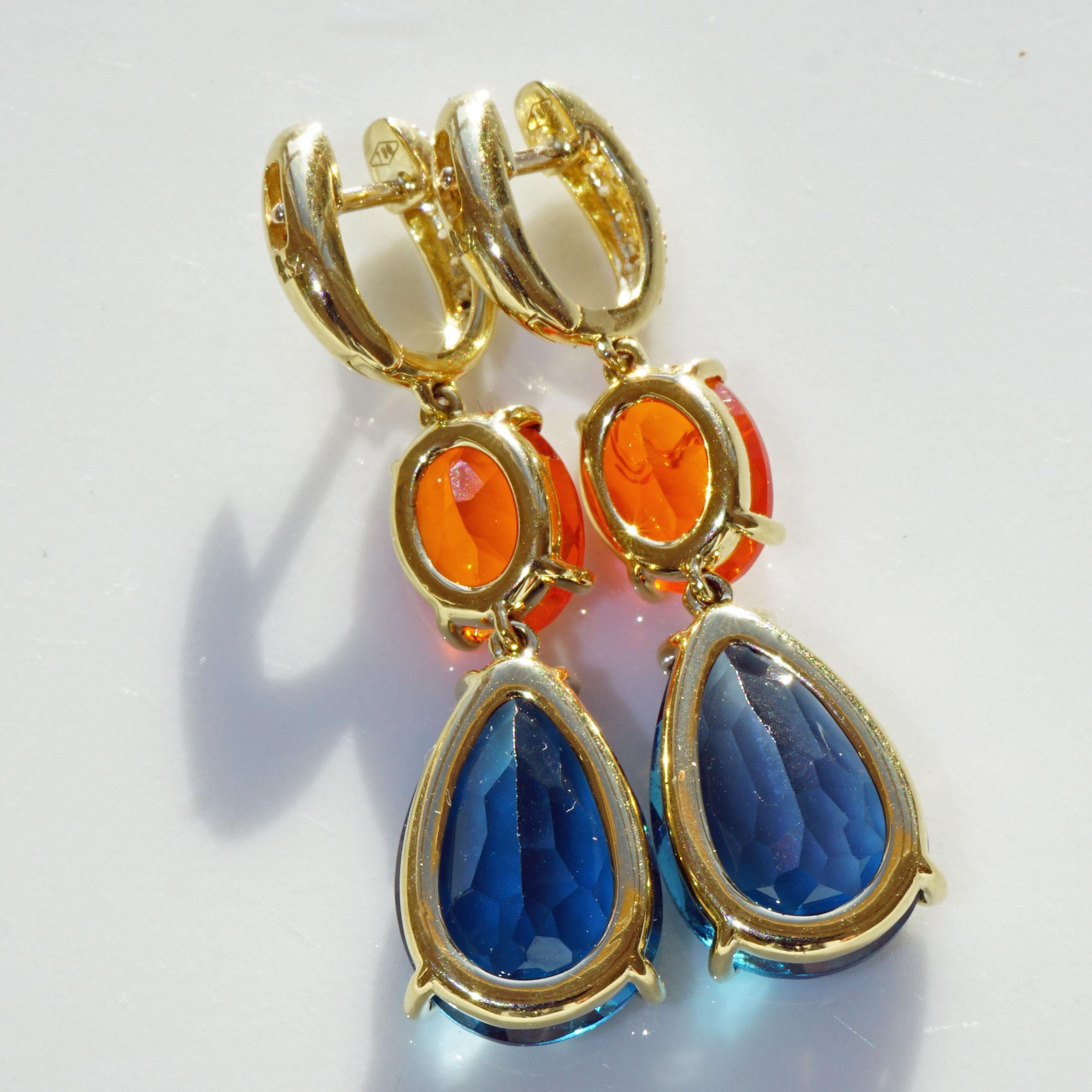 Topaz Fireopal Brilliant Earrings Quality Ear Jewellery Wow Colors 18 kt Italy In New Condition For Sale In Viena, Viena