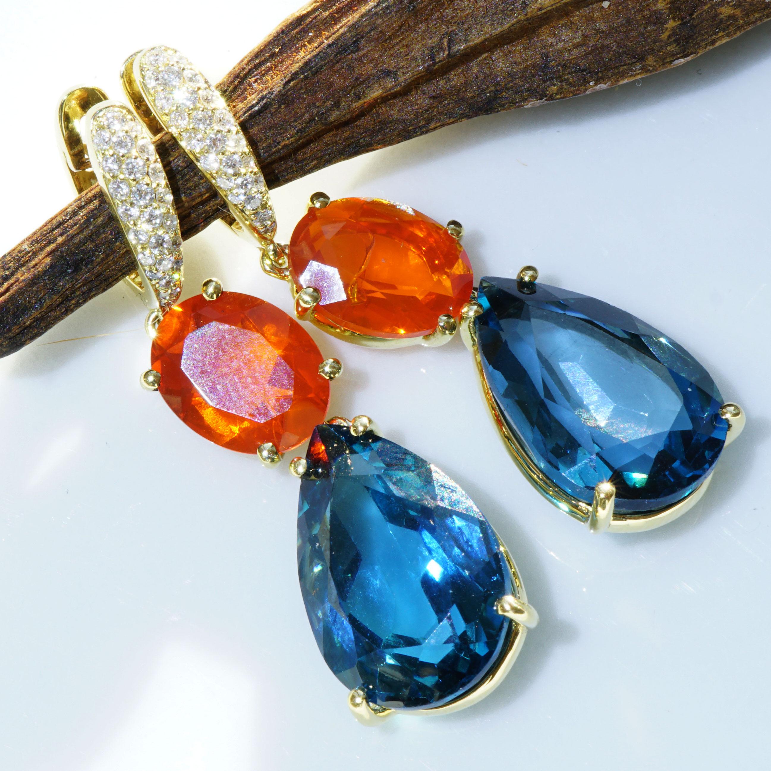 Topaz Fireopal Brilliant Earrings Quality Ear Jewellery Wow Colors 18 kt Italy For Sale 1
