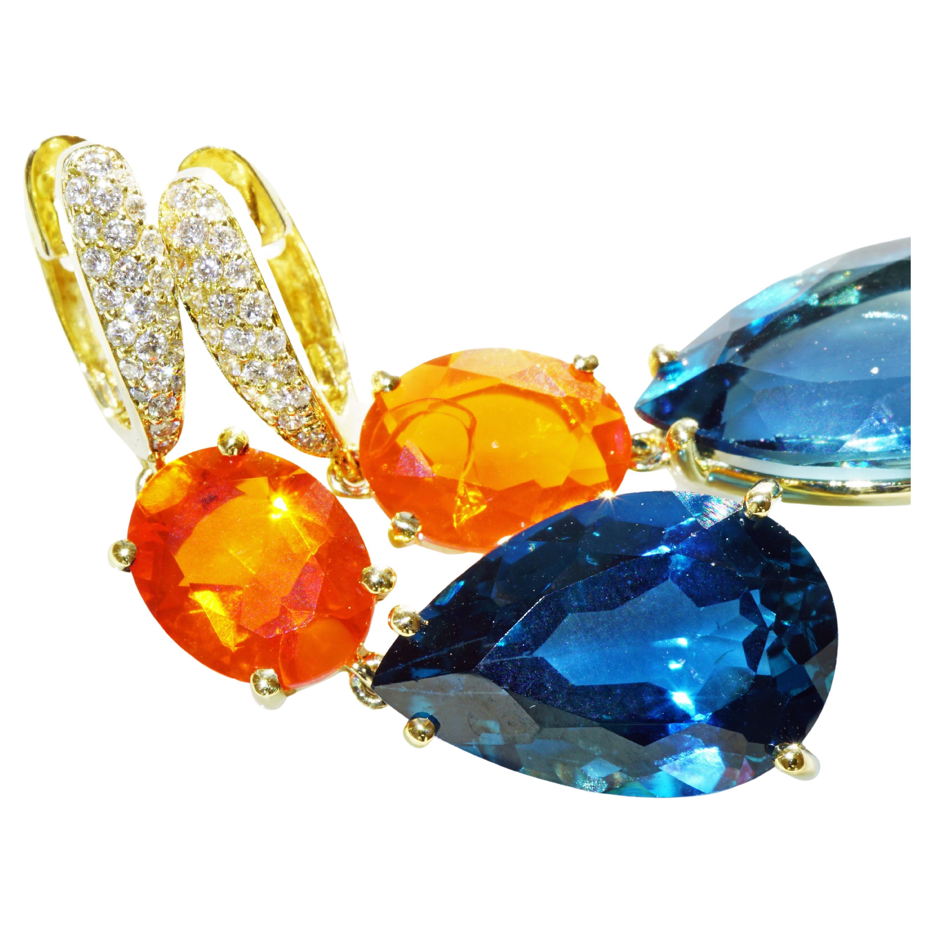 Topaz Fireopal Brilliant Earrings Quality Ear Jewellery Wow Colors 18 kt Italy For Sale