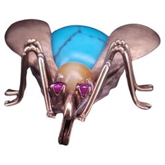 Topaz Fly Insect Brooch 14K Yellow Gold and Tiger Eye Stone