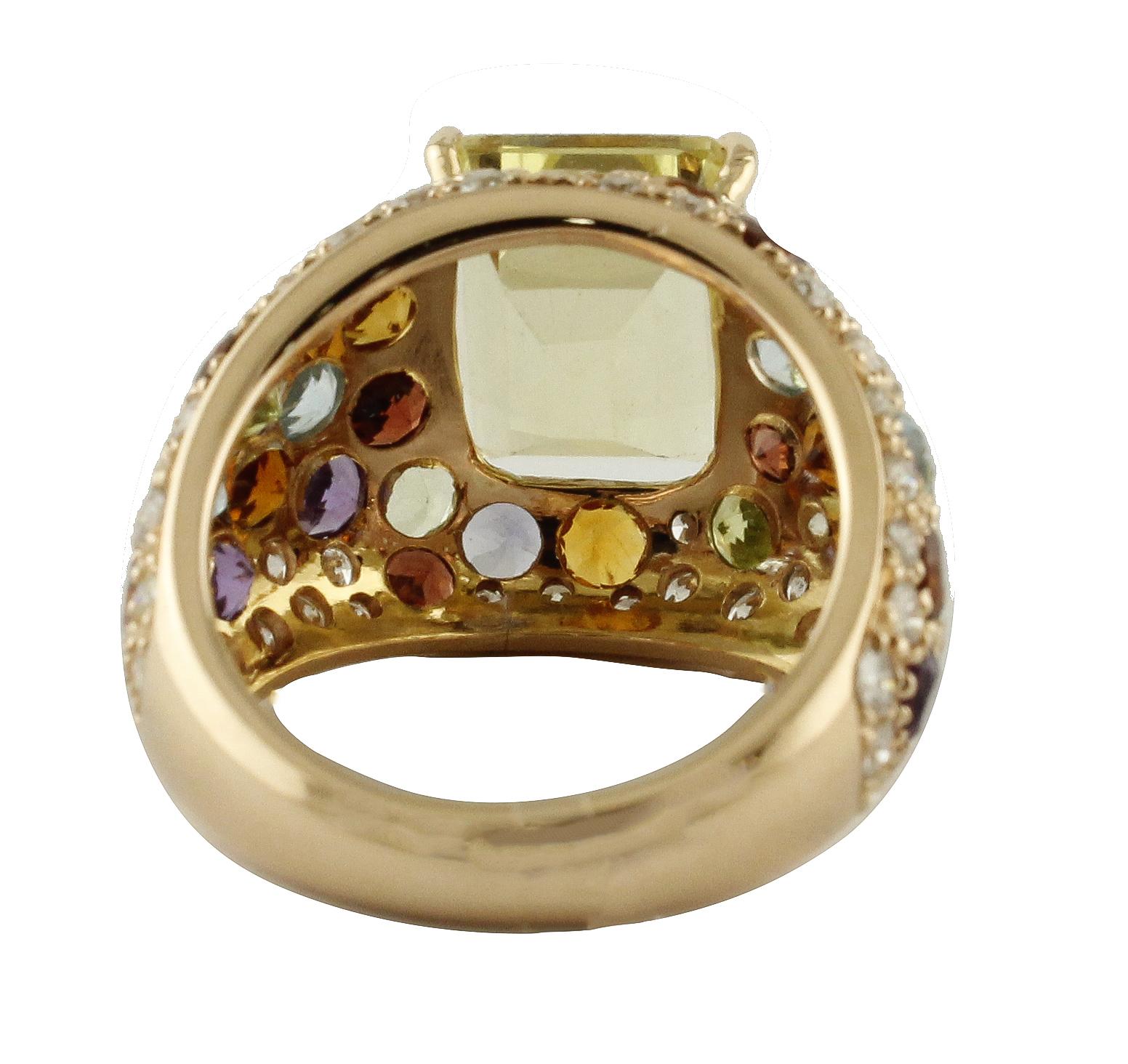 Amazing fashion ring in 14K rose gold mounted with fabulous central yellow topaz studded by diamonds,  amethysts,  iolite, peridots, garnets and other topaz.
Diamonds 1.67 ct
Topaz, Garnets, Peridots,Iolite Amethysts 11.36 ct
Total Weight 8.80 g
R.F
