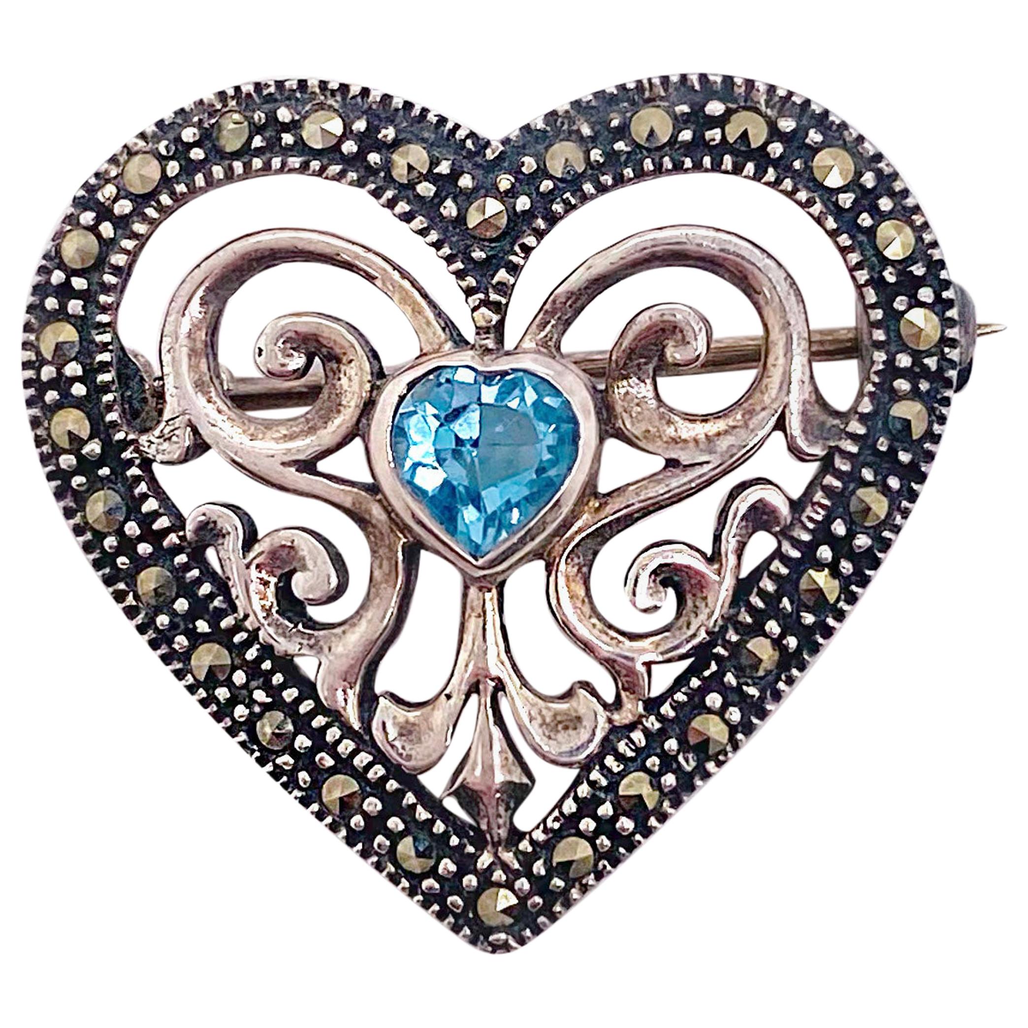 Topaz Heart Brooch in Sterling Silver with Blue Topaz and Heart