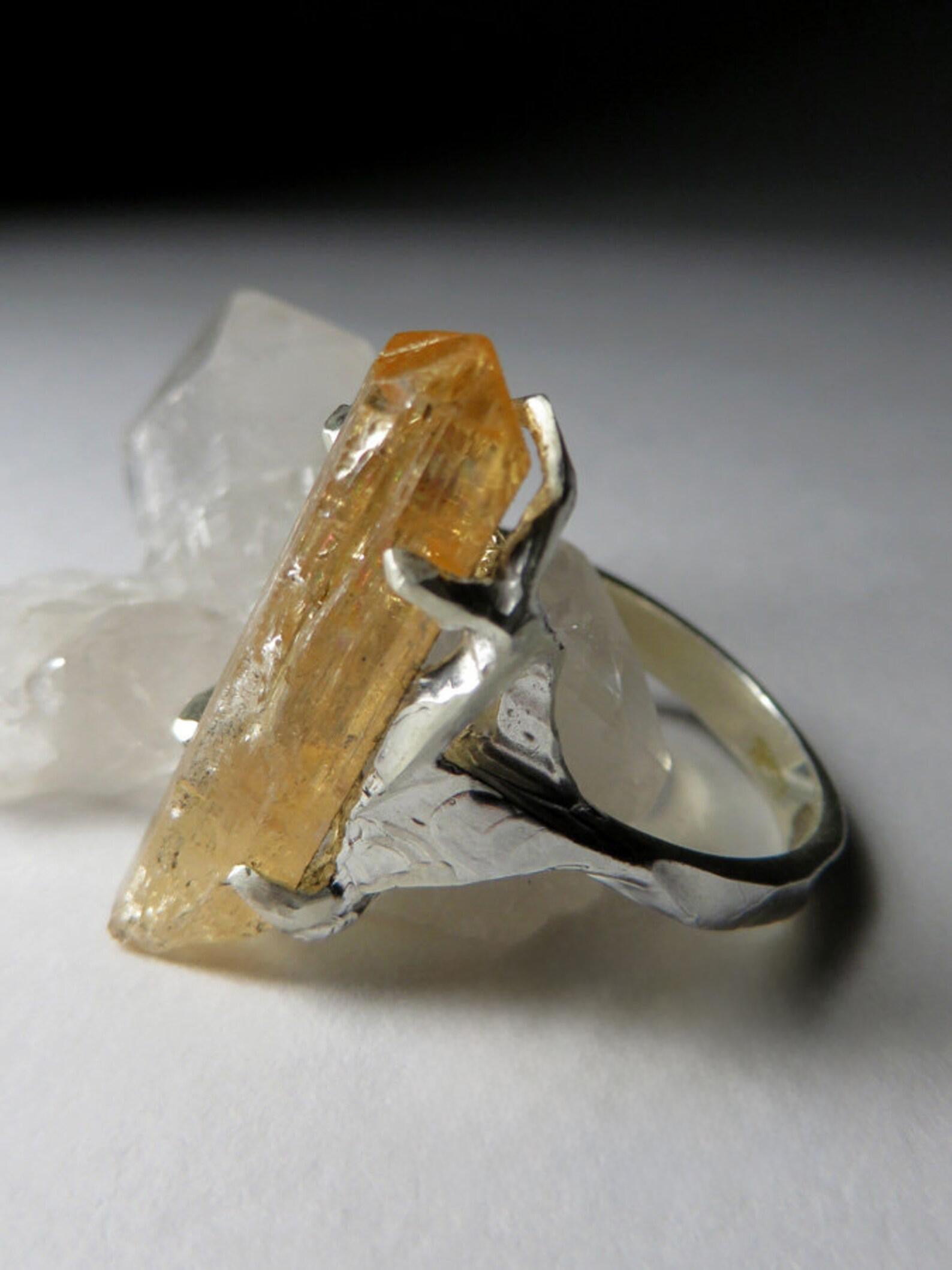 da uomo o donna Anello d'argento Topazio Imperiale Grande Gemma di Cristallo Giallo Topazio Naturale in vendita