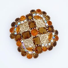 Topaz Juliana Rhinestone Brooch With Heart Scrolls By DeLizza & Elster, 1960s