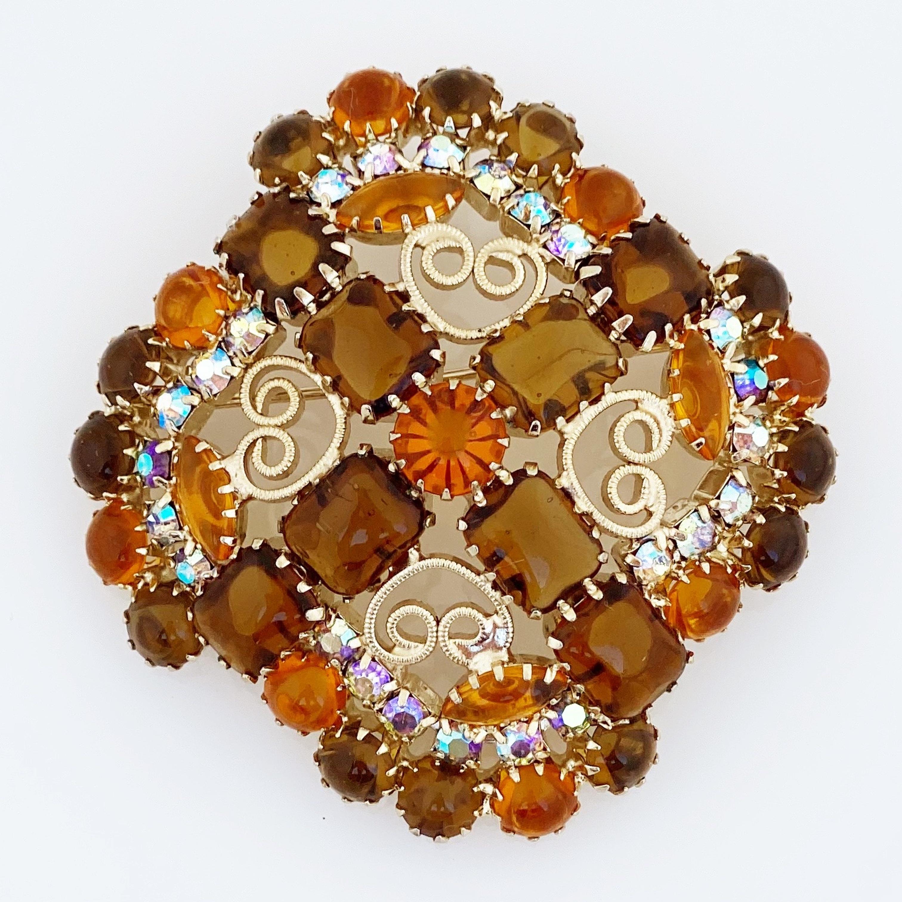 Modern Topaz Juliana Rhinestone Brooch With Heart Scrolls By DeLizza & Elster, 1960s For Sale