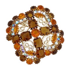 Topaz Juliana Rhinestone Brooch With Heart Scrolls By DeLizza & Elster, 1960s