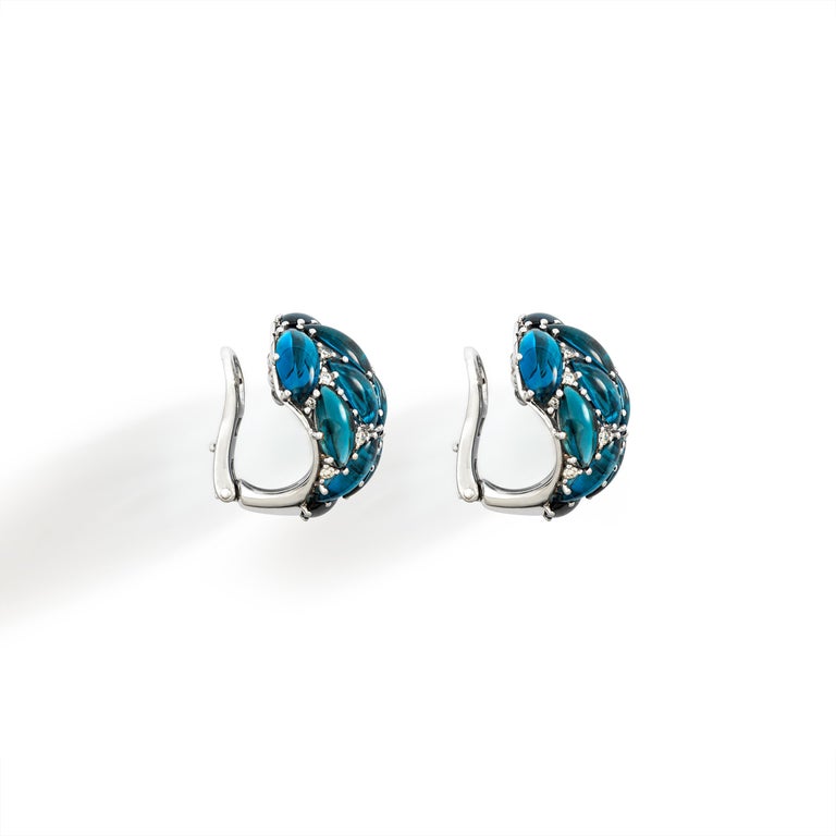 Topaz London Blue and Diamond White Gold Ear clips.

Total height: 0.98 inch (2.50 centimeters).
Total width: 0.79 inch (2.00 centimeters).
Total thickness: 0.39 inch (1.00 centimeters).