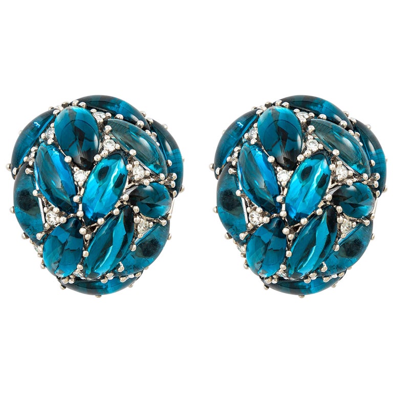 Topaz London Blue and Diamond White Gold Ear Clips For Sale