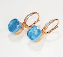 Blue Lago Topaz Multifaceted 18k Gold Dangle Earrings with Pavé of Diamonds