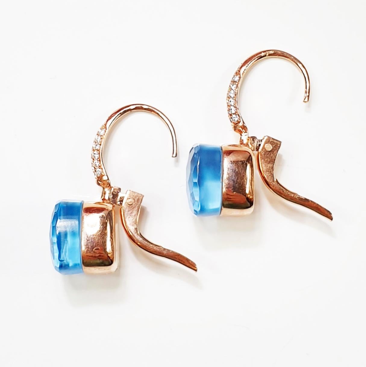 Contemporary Topaz Multifaceted 18 Karat Rose Gold Dangle Earrings with Pavé of Diamonds For Sale