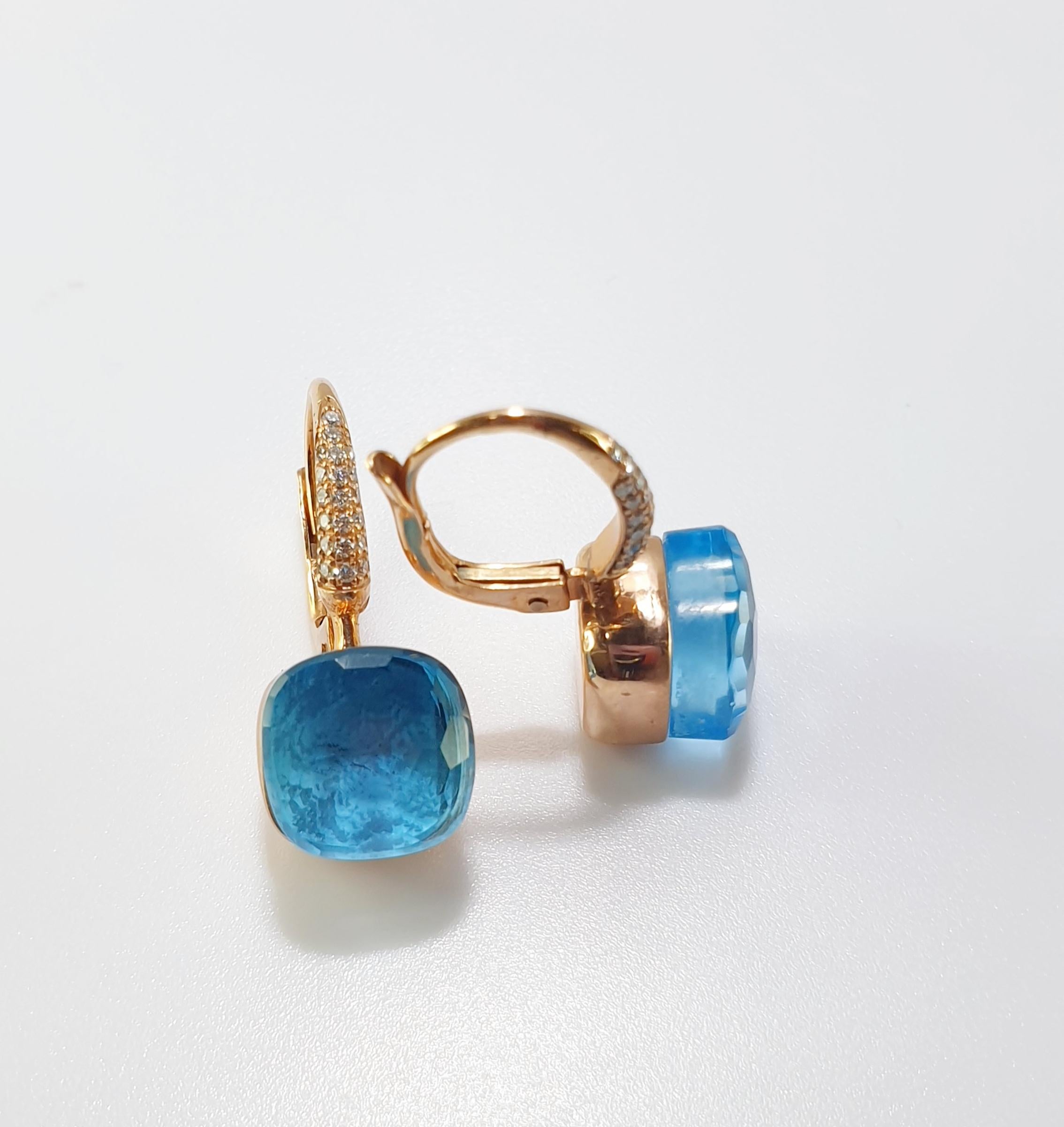 Contemporain Blue Topaz Multifaceted 18k Gold Dangle Earrings with Pavé of Diamonds en vente