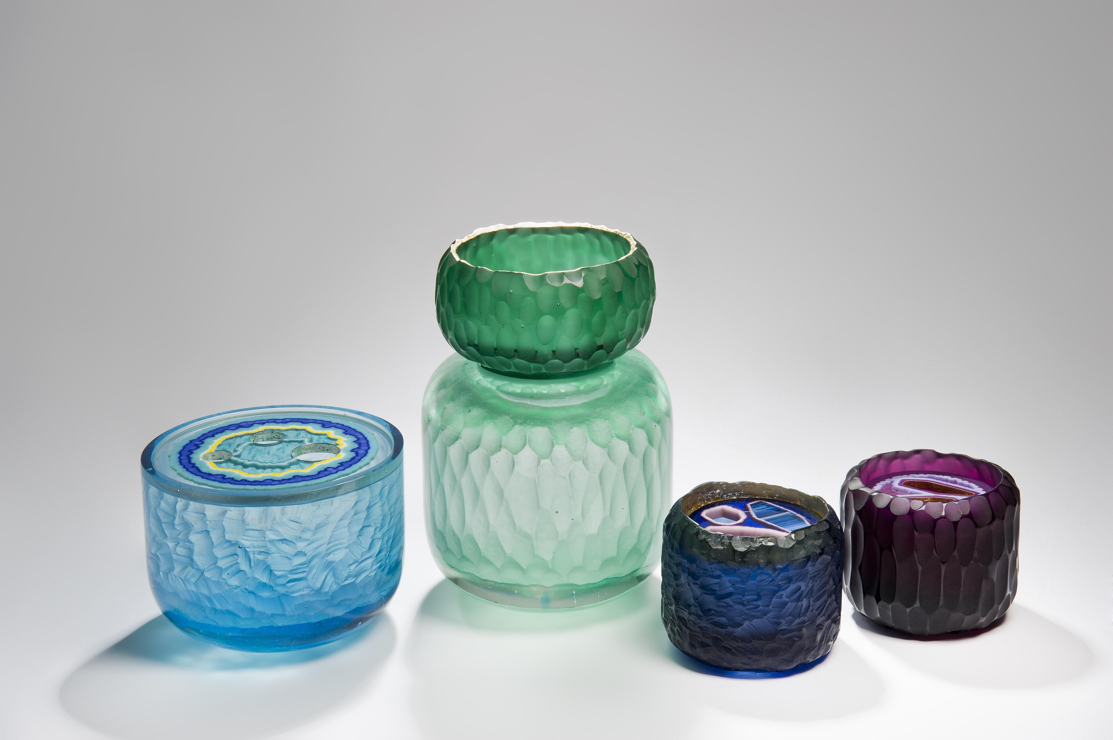Contemporary Topaz Murini Agate Jar, a Blue & Purple Cast Glass Sculpture by Angela Jarman For Sale