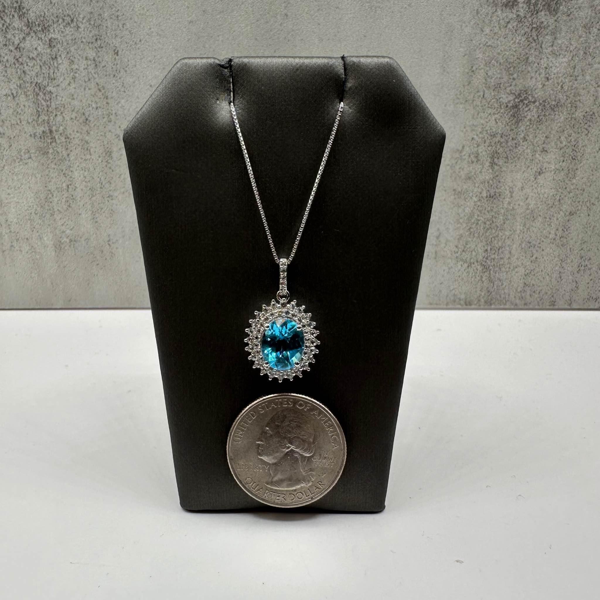 Topaz Necklace in Sterling Silver - 10x8mm Blue Topaz, 0.40ctw White Topaz, 18