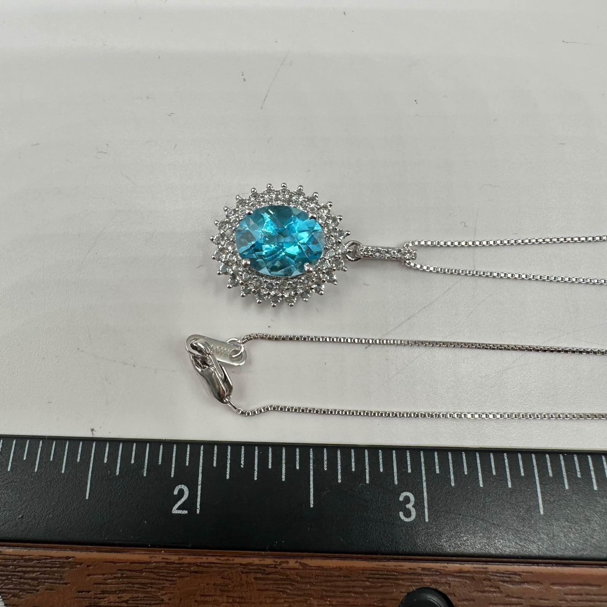 Women's Topaz Necklace in Sterling Silver - 10x8mm Blue Topaz, 0.40ctw White Topaz, 18