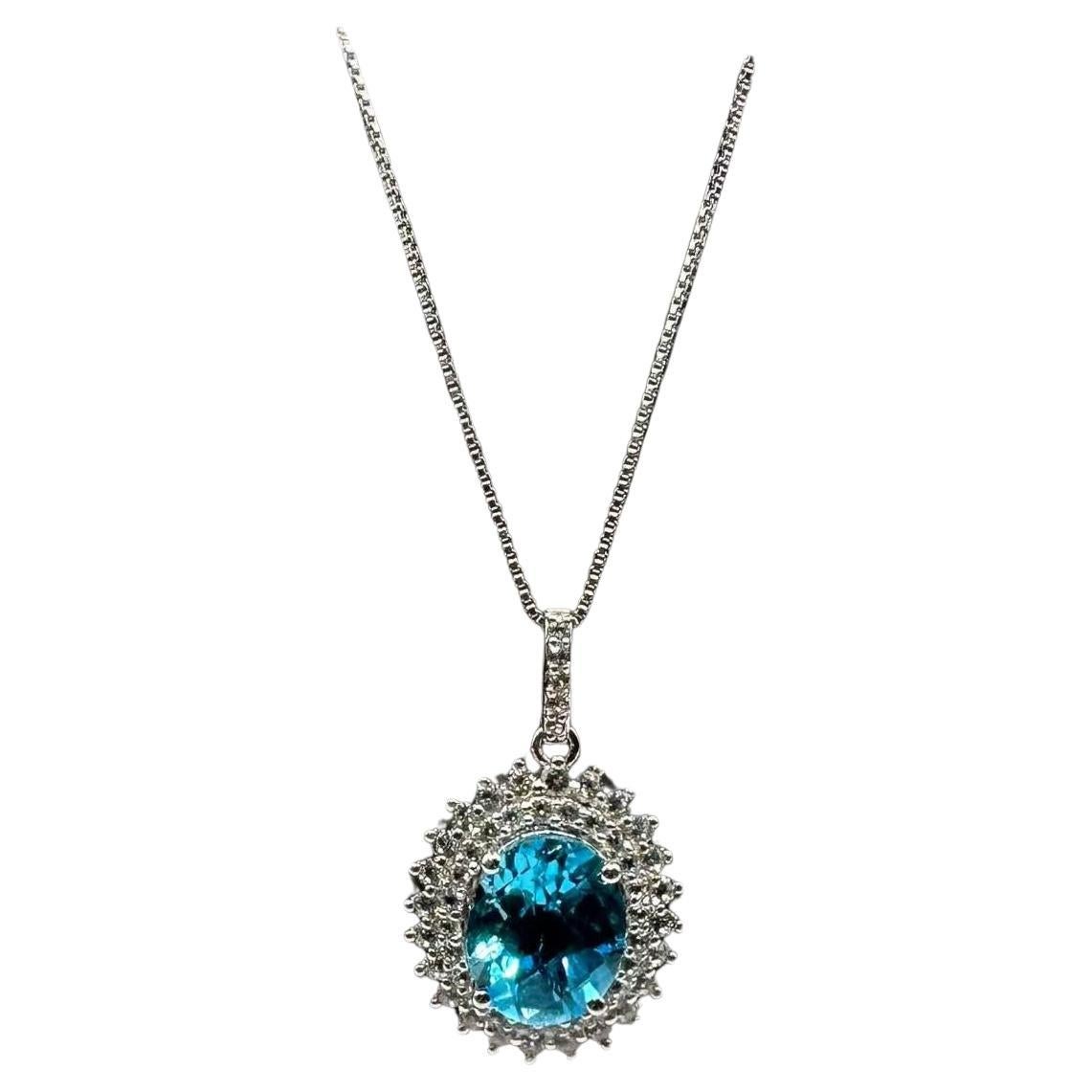 Topaz Necklace in Sterling Silver - 10x8mm Blue Topaz, 0.40ctw White Topaz, 18"