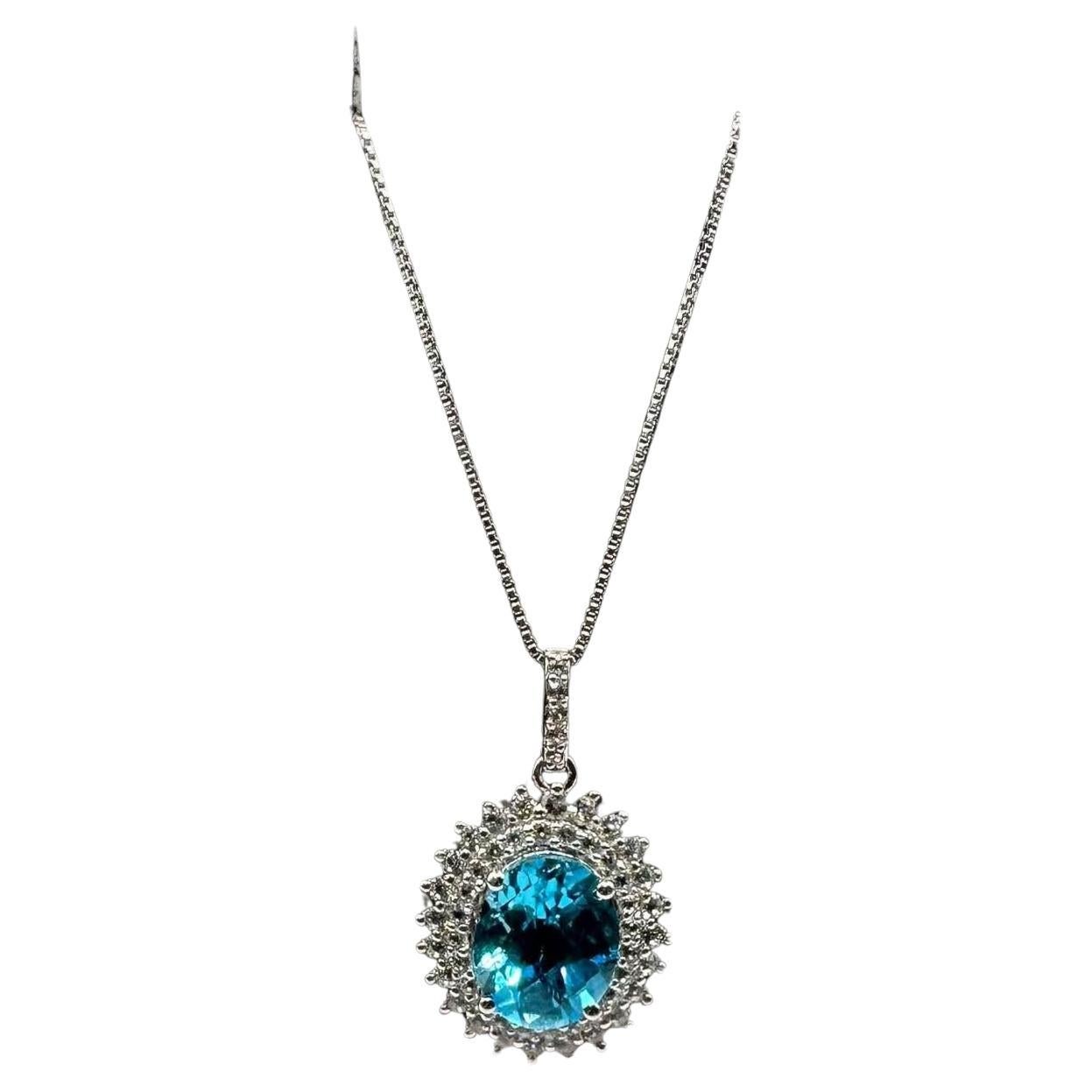 Topaz Necklace in Sterling Silver - 10x8mm Blue Topaz, 0.40ctw White Topaz, 18"