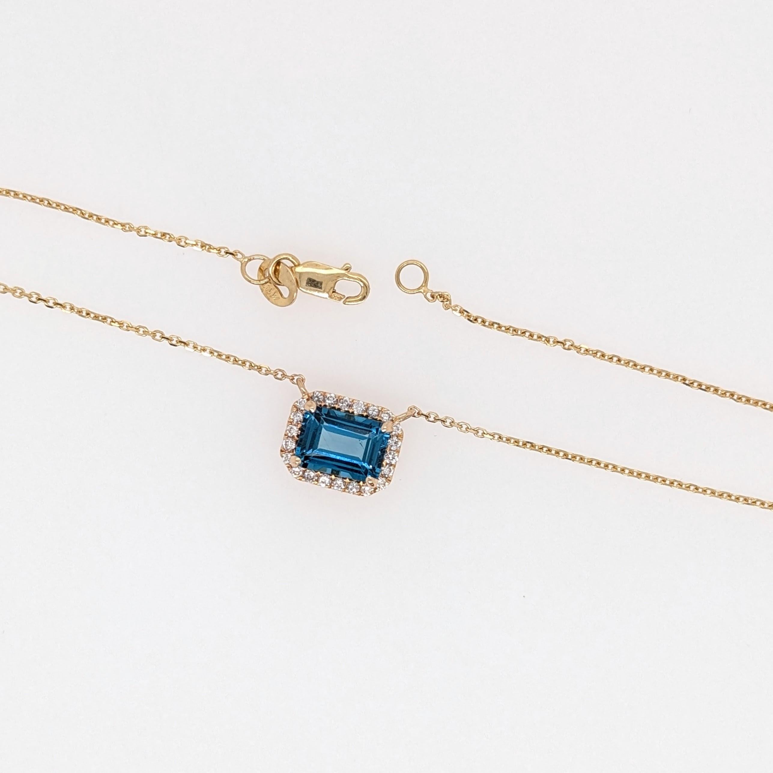 This classic NNJ necklace design features an emerald cut 7x5mm London blue topaz with a stunning halo of earth-mined diamonds. This necklace is available in a variety of gemstones, and totally customizable!

Perfect for gifts, anniversaries, or any